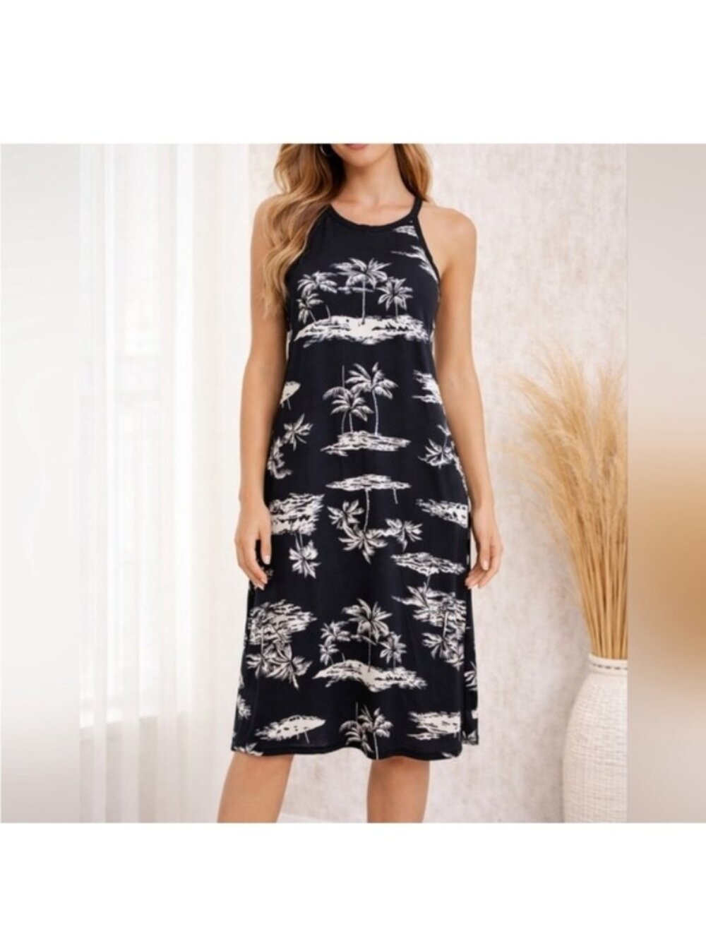 Black Palm-Print Halter Swing Dress - Unbranded